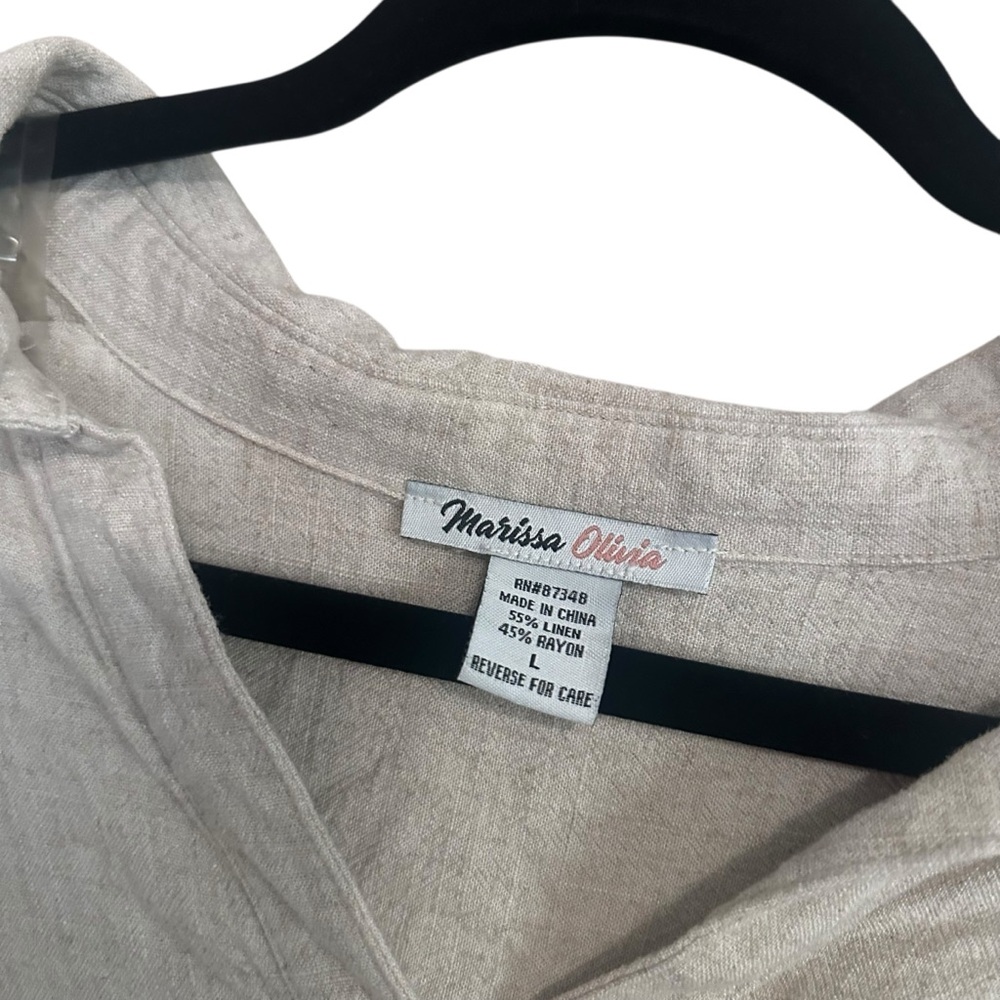 Marissa Olivia Cream Linen Rayon Blend Deep Vneck 3/4 Sleeve Knee Length Dress L - Picture 2 of 8